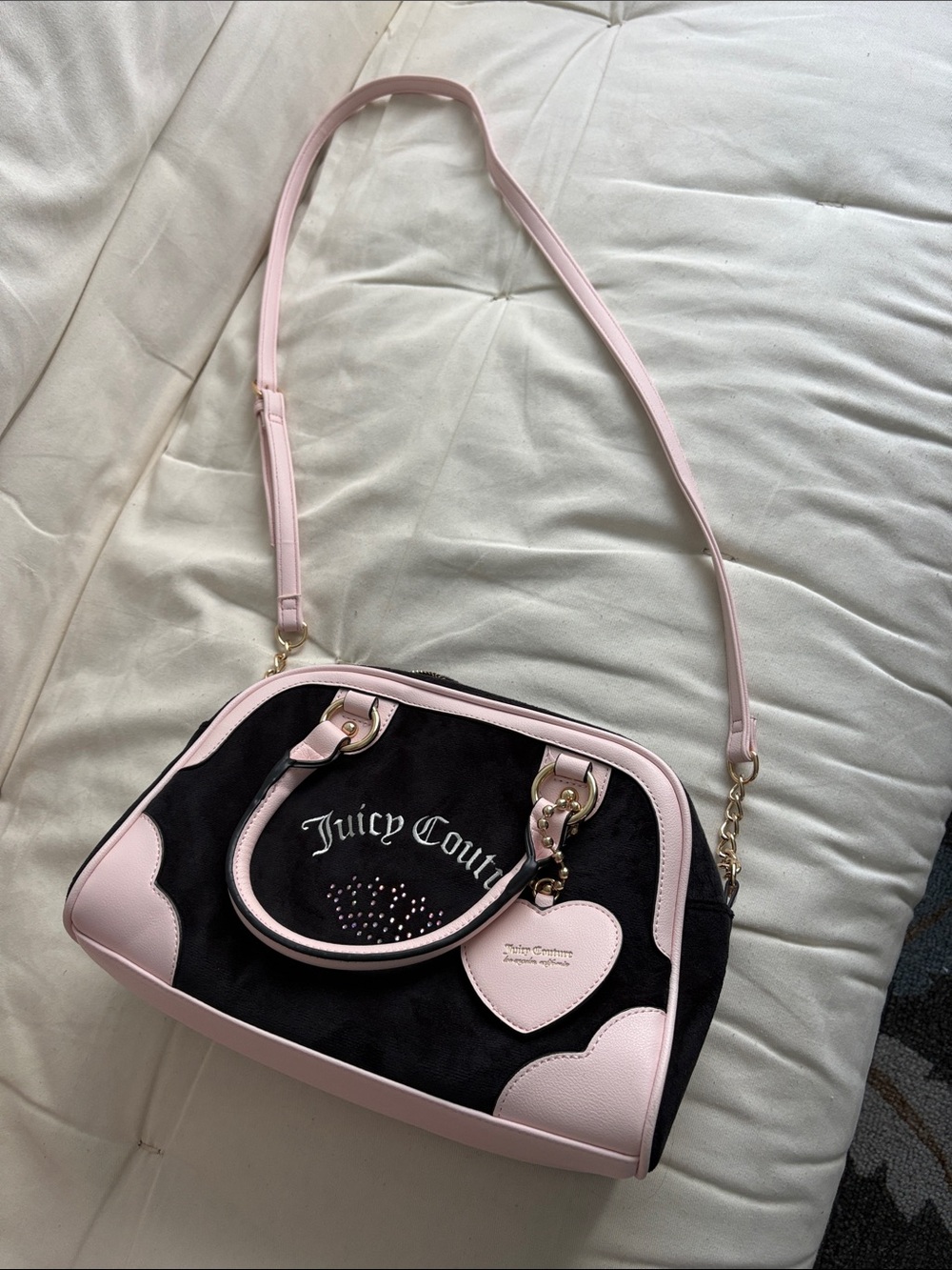 Juicy Couture Black Satchel with Light Pink Trim and Heart Charm